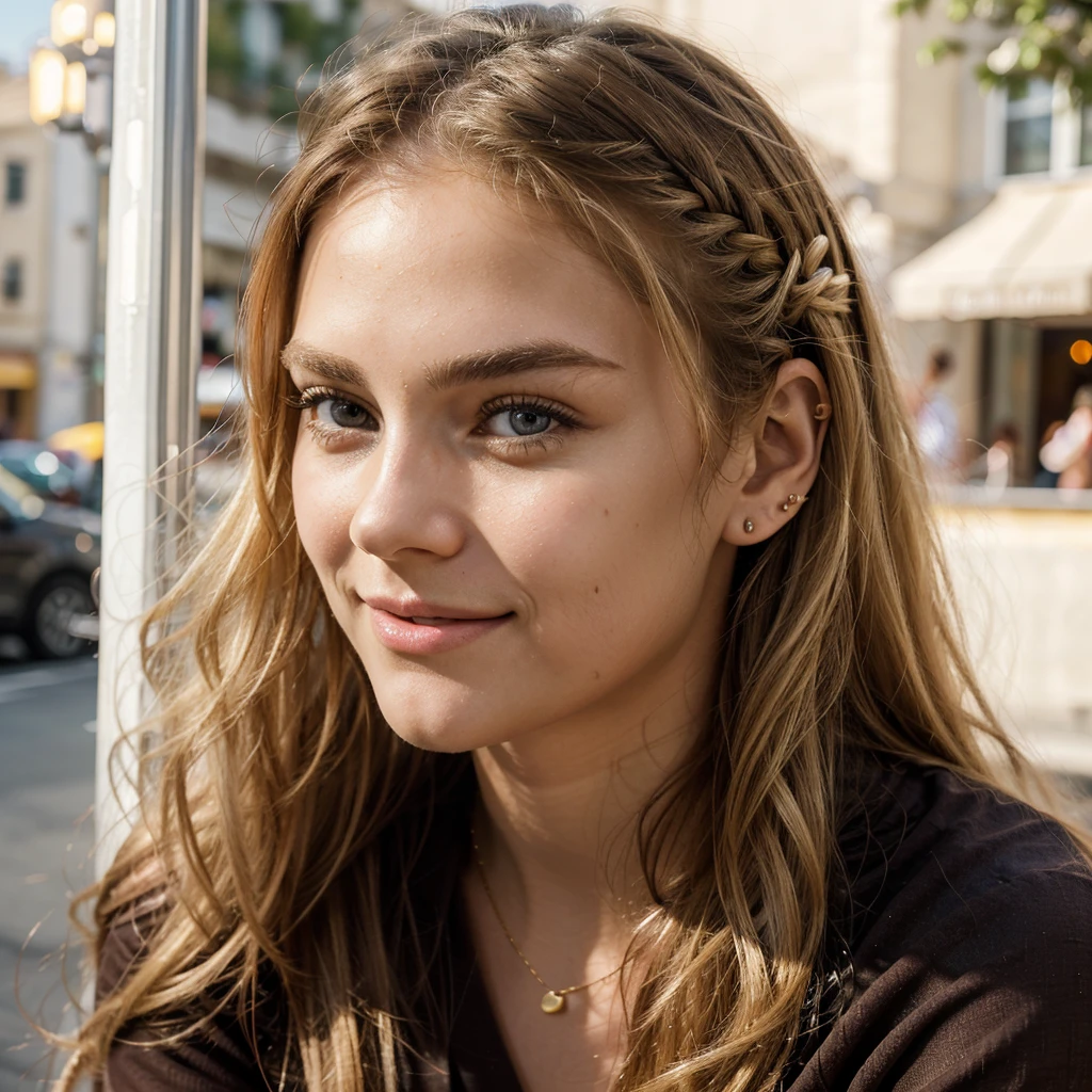 (best qualityer,realisitic),girly face,20 years old blonde hair, quadruple braids, golden and wavy, moderately thick eyebrows, Sharp chin, tiny nose, heart shaped face, smooth and silky skin, fast luminosa, award-winning glamor photography,((best qualityer)), ((work of art)), ((realisitic)), piercing eyes, looking straight, very happy, in a cafe sitting outdoors, afternoon light, portraite