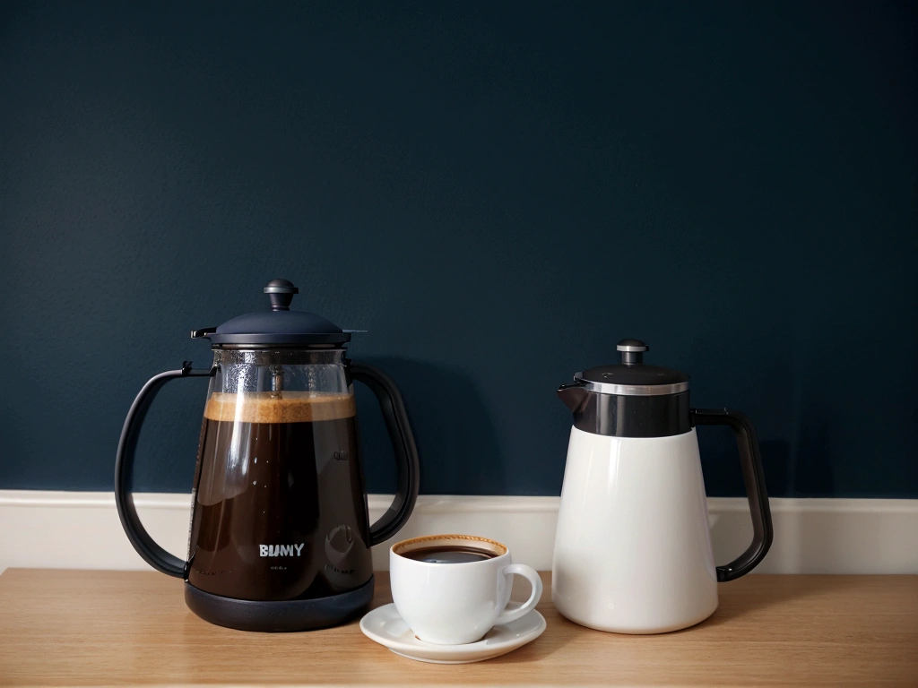 Coffee pot in the foreground, cup of coffee in the foreground, navy blue wall in the background, technology office online meeting room, work of art, best qualityer, soft lighting, high qualiy, hyper detail, renderiza 8k, super high resolution, macro photography.