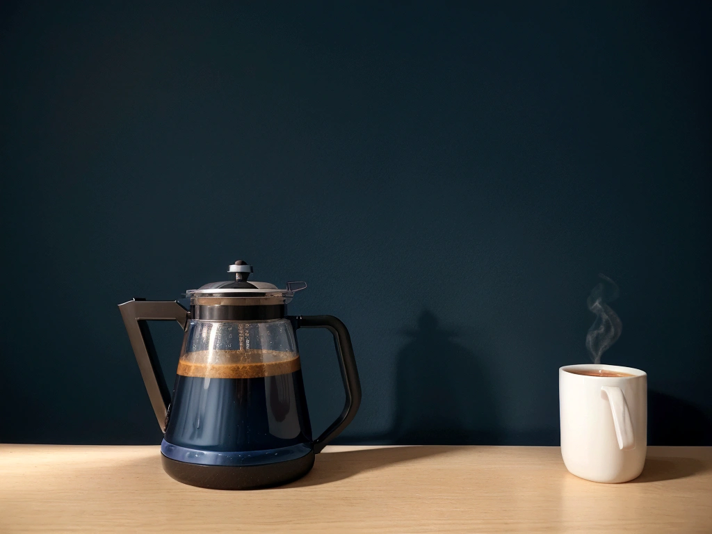 Coffee pot in the foreground, cup of coffee in the foreground, navy blue wall in the background, technology office online meeting room, work of art, best qualityer, soft lighting, high qualiy, hyper detail, renderiza 8k, super high resolution, macro photography.