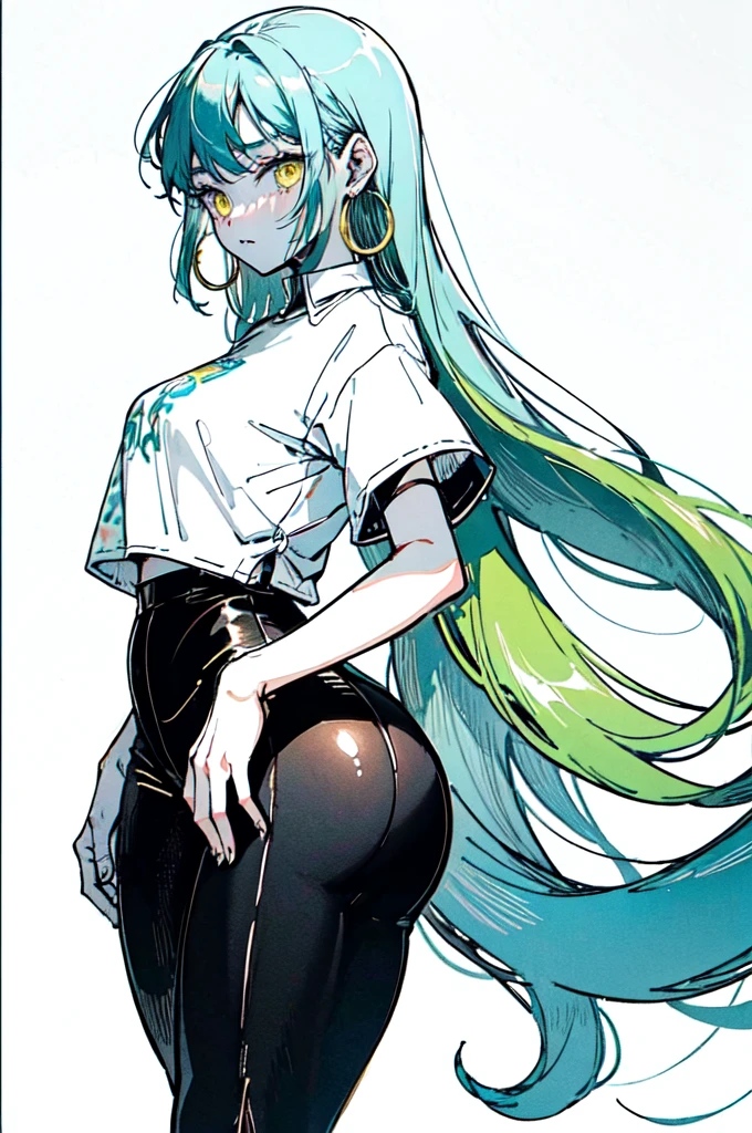 Beautiful anime-style girl, long green hair slightly curly, dark skin, yellow eyes, black pants, wide plain white shirt with no print, hoop earrings, eyebrow piercing, small breasts, wide hips, thick thighs, big ass