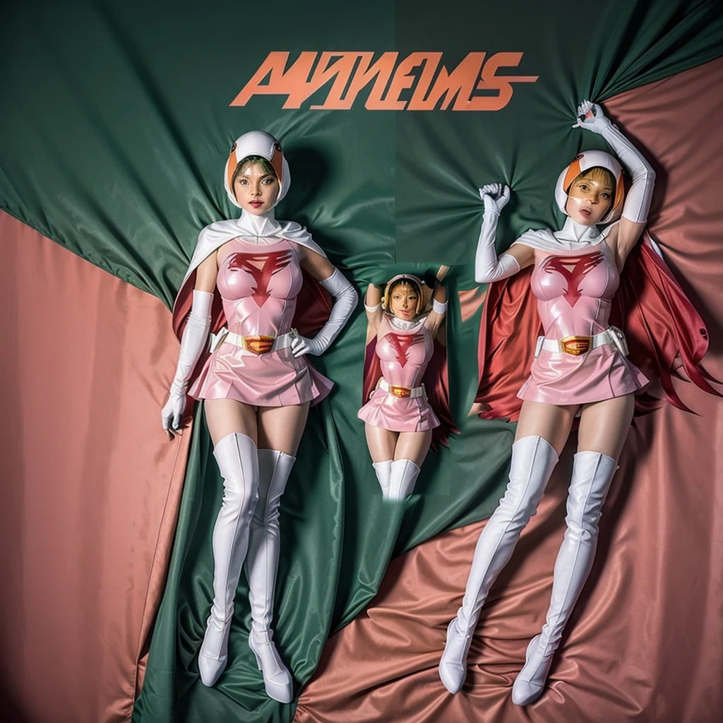 ANI_CLASSIC_jun_gatchaman_ownwaifu,1girl, ,good anatomy, masterpiece, best quality,realistic, hyperrealistic, 16k hdr, long hair,breasts,green eyes,lips,large breasts,lipstick,makeup,gloves,cape,helmet,belt,elbow gloves,white gloves,mask,ultra miniskirt,leotard,spacesuit,white tight overknee highheels boots,pink dress,superhero,bodysuit,cleavage,erected nipples,(lying flat poses, view from above),cameltoe