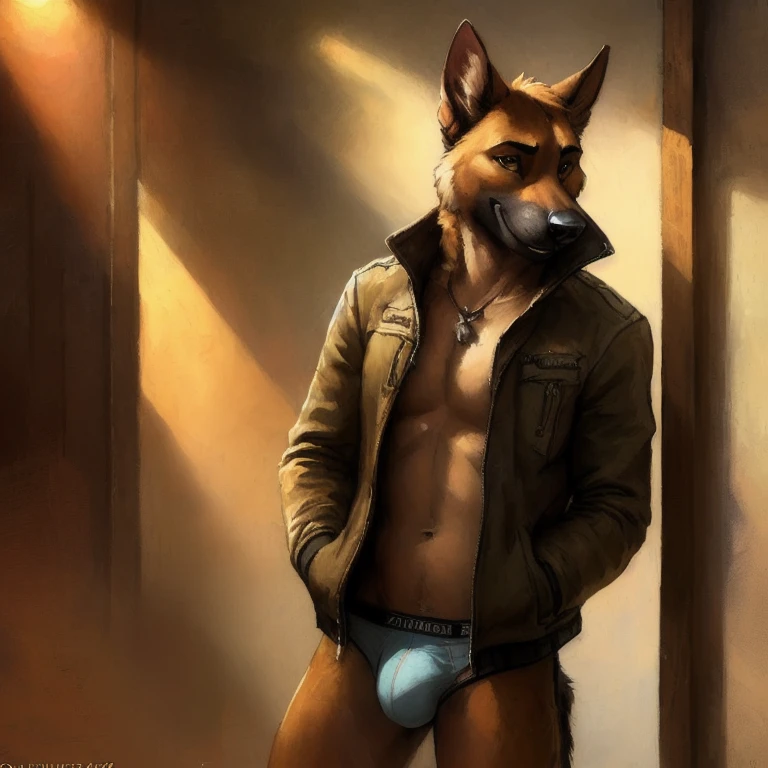 Masterpiece detailed portrait of a male anthro german shepherd, jacket open, underwear, underwear bulge, posted to e621, zaush, kenket, dramatic lighting, suggestive posing, sexy, seductive 1.3, seductive smile, suggestive grin