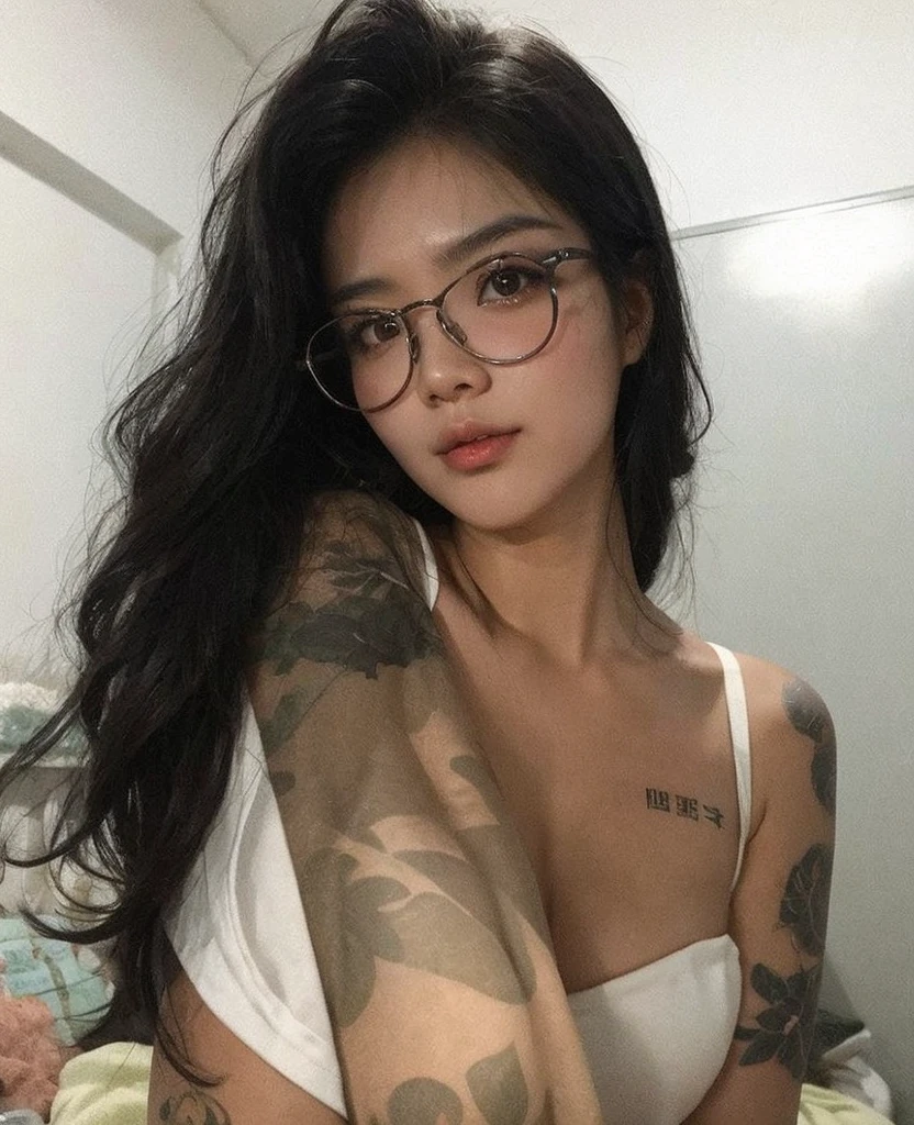 korean, Bblack hair, black eyes, pink mouth, Asian girl, Youngh, round glasses
