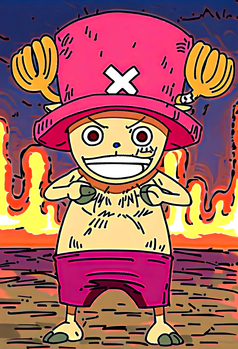 1 male, chopper, one piece, smiling, body on fire, Facial features hands and feet are carefully depicted, very muscular, lifting dumb bells, dark background, 8k, best quality