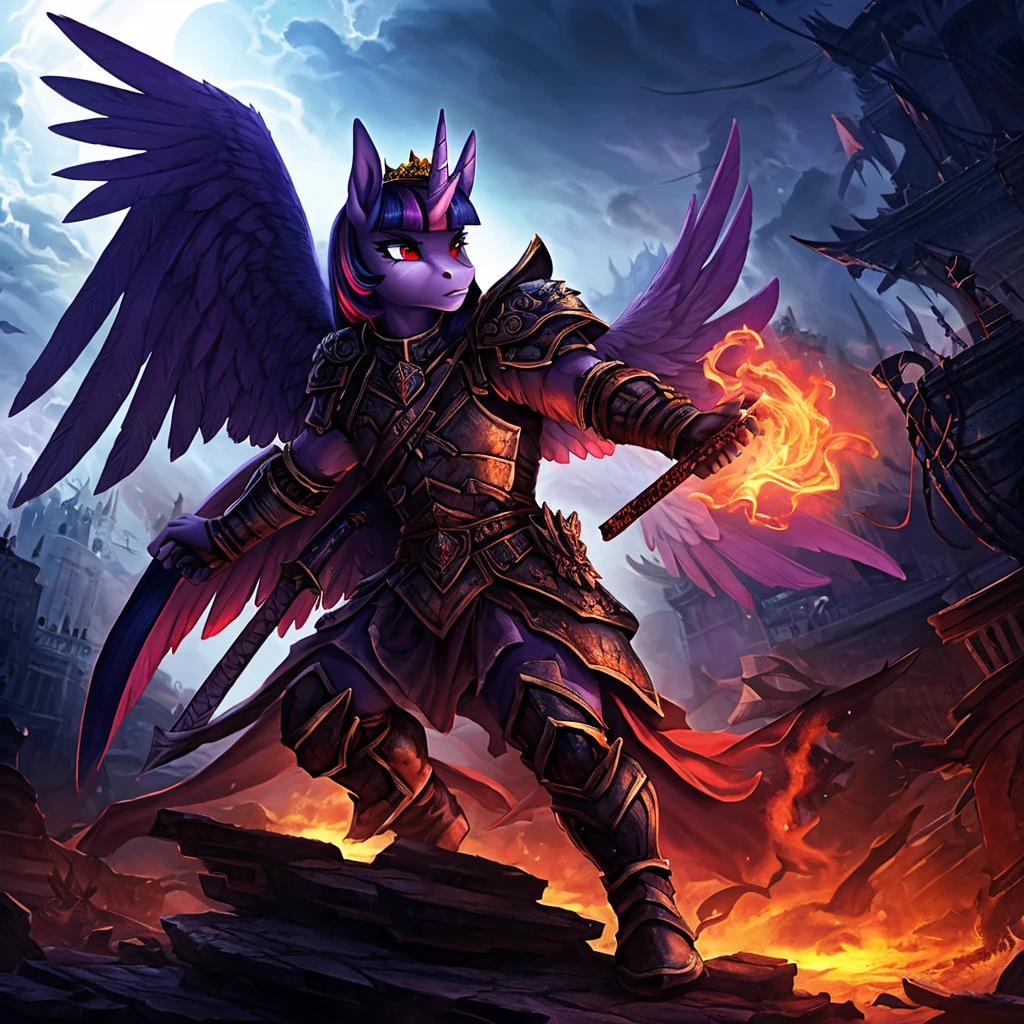 a war-torn apocalyptic city in flames, an anthro alicorn pony queen twilight sparkle with a scar across face, dead male anthro pony in a military outfit, detailed feathered wings and unicorn horn, detailed hands and feet, wearing steel armor, wielding a sword, surrounded by dark magic, wearing a crown, beautiful detailed eyes, beautiful detailed lips, green and red eyes with purple smoke, extremely detailed eyes and face, long eyelashes, realistic portrait, fantasy portrait, dark fantasy, concept art, digital painting, hyper-detailed, cinematic lighting, volumetric lighting, dramatic colors, deep shadows, moody atmosphere, intricate texture, highly detailed armor, ornate crown, glowing dark magic effects, dynamic pose, photorealistic, 8k, HDR, physically-based rendering, vibrant colors, cinematic framing