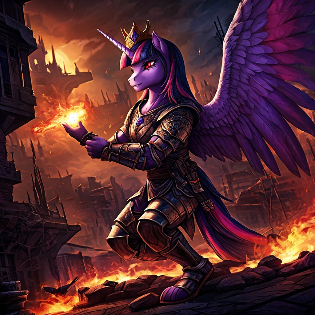 a war-torn apocalyptic city in flames, an anthro alicorn pony queen twilight sparkle with a scar across face, dead male anthro pony in a military outfit, detailed feathered wings and unicorn horn, detailed hands and feet, wearing steel armor, wielding a sword, surrounded by dark magic, wearing a crown, beautiful detailed eyes, beautiful detailed lips, green and red eyes with purple smoke, extremely detailed eyes and face, long eyelashes, realistic portrait, fantasy portrait, dark fantasy, concept art, digital painting, hyper-detailed, cinematic lighting, volumetric lighting, dramatic colors, deep shadows, moody atmosphere, intricate texture, highly detailed armor, ornate crown, glowing dark magic effects, dynamic pose, photorealistic, 8k, HDR, physically-based rendering, vibrant colors, cinematic framing