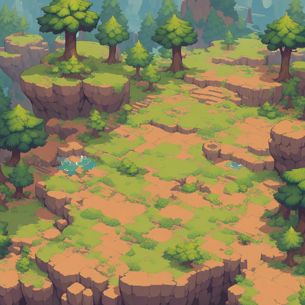 retro video game style,pixelated pastel colors,8-bit characters,blocky shapes,sharp lines,detailed shading,classic gaming vibe,nostalgic atmosphere,classic arcade games,masterpiece:1.2,ultra-detailed,illustration style, 2d texture, stone texture, 4 k seamless mud texture, video game texture, dirt texture, tileset, game tiles, grass, 3/4th perspective trees, cliff formation tileset, cliff texture tileset, 3/4th perspective forest, topdown view, game texture, game art, dirt, , tileable texture, top down view, 3/4th perspective