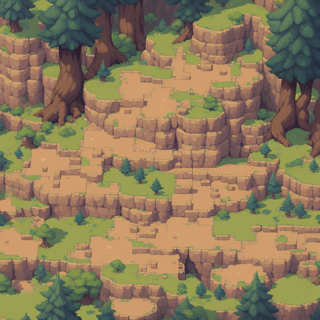 retro video game style,pixelated pastel colors,8-bit characters,blocky shapes,sharp lines,detailed shading,classic gaming vibe,nostalgic atmosphere,classic arcade games,masterpiece:1.2,ultra-detailed,illustration style, 2d texture, stone texture, 4 k seamless mud texture, video game texture, dirt texture, tileset, game tiles, grass, 3/4th perspective trees, cliff formation tileset, cliff texture tileset, 3/4th perspective forest, topdown view, game texture, game art, dirt, , tileable texture, top down view, 3/4th perspective