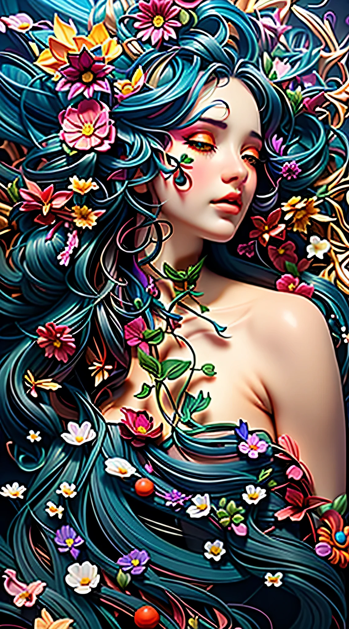 A closeup of a woman with a flowery head and a black dress, arte assombrosamente bela, natalie shau, bela arte digital, lindo arte digital, karol bak uhd, estilo de Karol Bak, linda arte digital linda, Natalie Shau Tom Bagshaw, bela arte digital, retrato surreal bonito, arte digital impressionante, Arte Surrealista Emocional