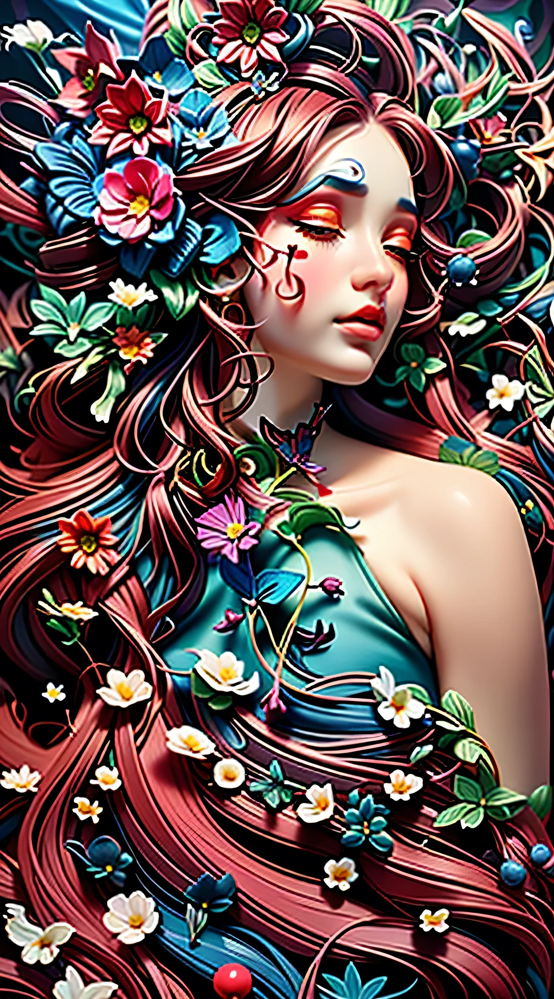 A closeup of a woman with a flowery head and a black dress, arte assombrosamente bela, natalie shau, bela arte digital, lindo arte digital, karol bak uhd, estilo de Karol Bak, linda arte digital linda, Natalie Shau Tom Bagshaw, bela arte digital, retrato surreal bonito, arte digital impressionante, Arte Surrealista Emocional