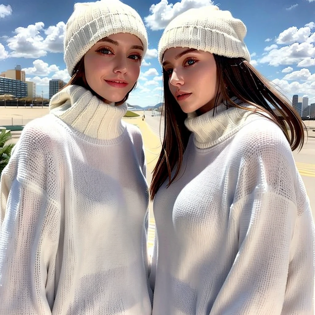 white sweater, white beanie,