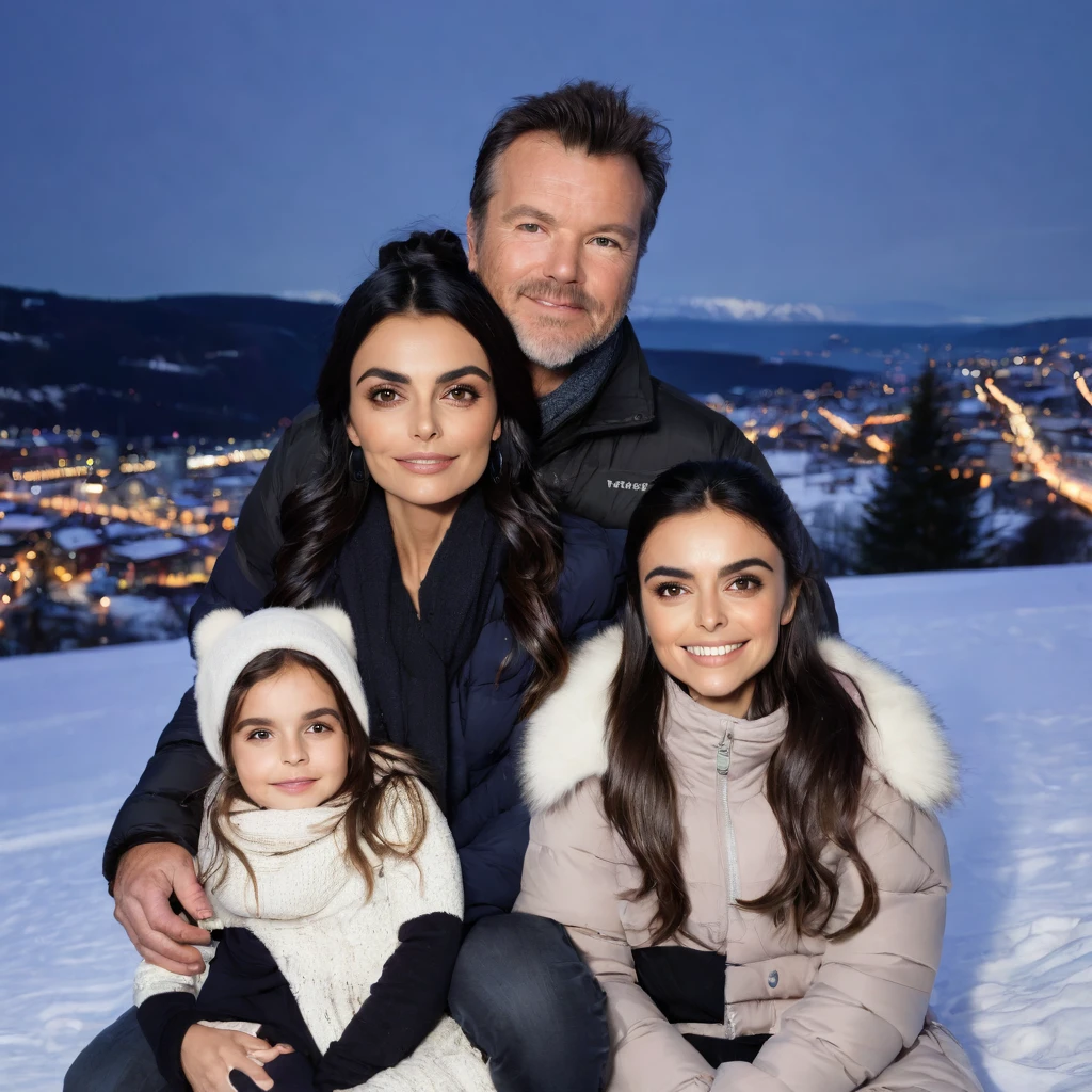 Ayslinn Derbez is 25 years old and Lothar matthäus is 35 years old and little daughter is 8 years old, she have long hair, they are in Oslo, they are wearing winter clothes, romantic, they are posing romantic, nigh, they are with their little daughter