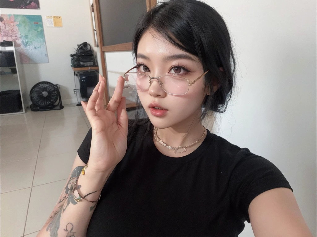 korean, Bblack hair, black eyes, pink mouth, Asian girl, Youngh, glasses