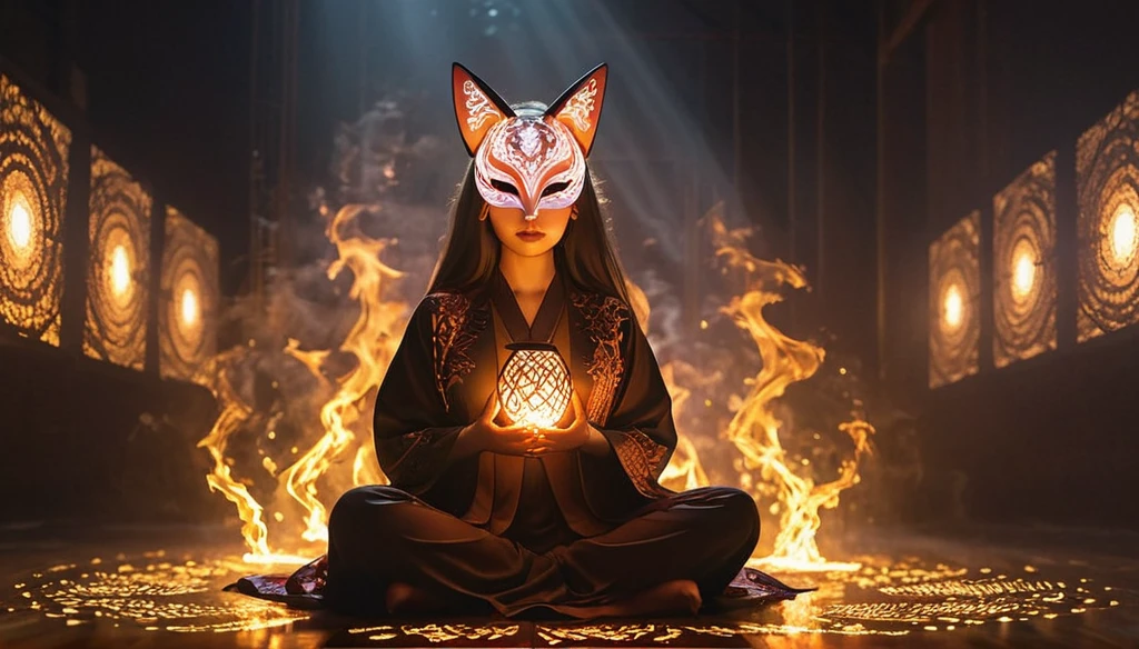 colombian woman, light brown hair twin tails, black and orange robe revealing huge breasts, 19 years, Fox tail, fox ears, sitting on massage table, Photo studio, Black background, In the background a golden Buddha statue