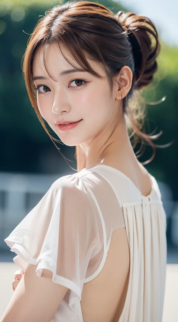 1womanl, Put your hair up to reveal a sexy nape or neck 、smile,mideum breasts, light brown hair, Blunt bangs, hair behind ear, hair over shoulder, Long hair, slender body shape, Ultra Fine Face, Thin face, Delicate lips, Beautiful eyes, thin blush, eyes are light brown, perfect glossy skin, flawless skin, Glistening sweat,View here, Ultra-thin hands, Ultra-fine fingers, best ratio four finger and one thumb, (realisitic:1.3), See-through white blouse. An amusement park, One-person viewpoint, Fuji Film, F/1.2, 8K, masutepiece, nffsw, Super Detail, High quality, Best Quality, hight resolution
