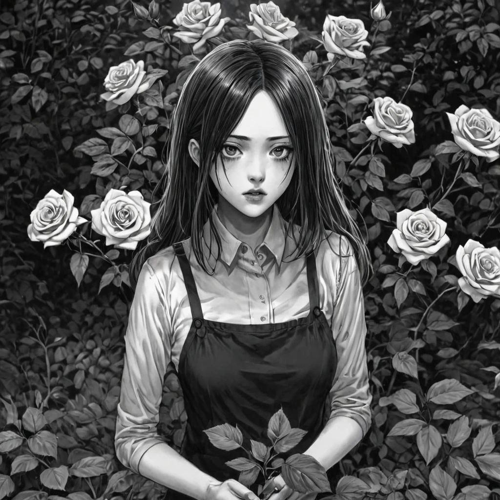 1girl, blood roses flowers garden, (anime), bizarre scenario, This is Junji, Yusuke Murata, black and white, 8K, anime, horror