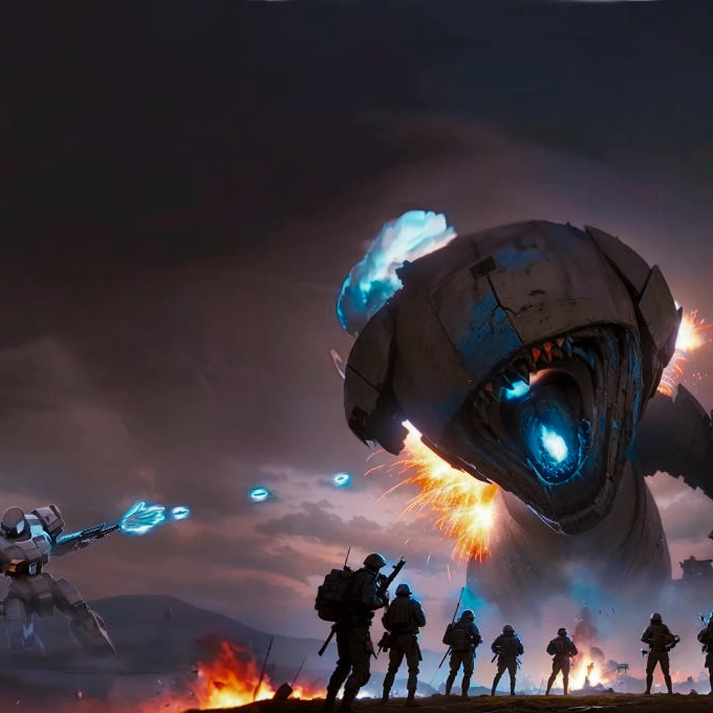 a group of people standing around a giant robot in a field, wojtek fus, fps game concept art, epic fantasy sci fi illustration, sergey kolesov concept art, jessica rossier fantasy art, concept art 4 k, concept art 4k, epic digital concept art, concept art wallpaper 4k, futuristic tank is on fire, concept art for a video game