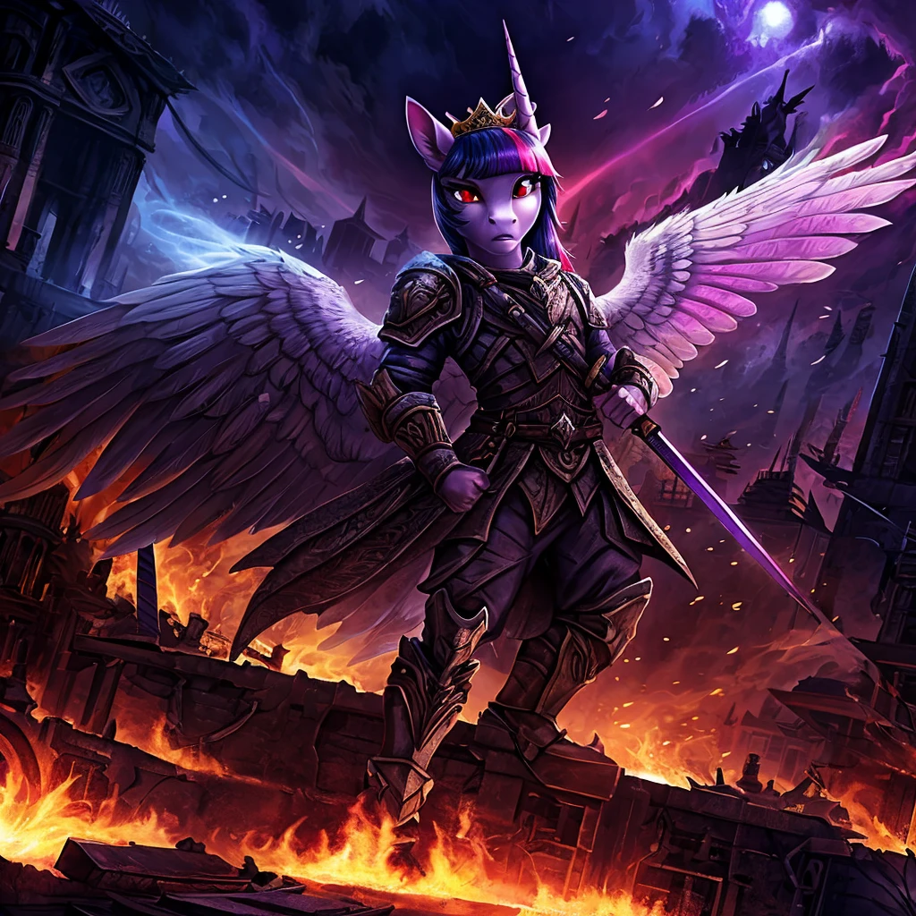 a war-torn apocalyptic city in flames, an anthro alicorn pony queen twilight sparkle with a scar across face, dead male anthro pony in a military outfit, detailed feathered wings and unicorn horn, detailed hands and feet, wearing steel armor, wielding a sword, surrounded by dark magic, wearing a crown, beautiful detailed eyes, beautiful detailed lips, green and red eyes with purple smoke, extremely detailed eyes and face, long eyelashes, realistic portrait, fantasy portrait, dark fantasy, concept art, digital painting, hyper-detailed, cinematic lighting, volumetric lighting, dramatic colors, deep shadows, moody atmosphere, intricate texture, highly detailed armor, ornate crown, glowing dark magic effects, dynamic pose, photorealistic, 8k, HDR, physically-based rendering, vibrant colors, cinematic framing