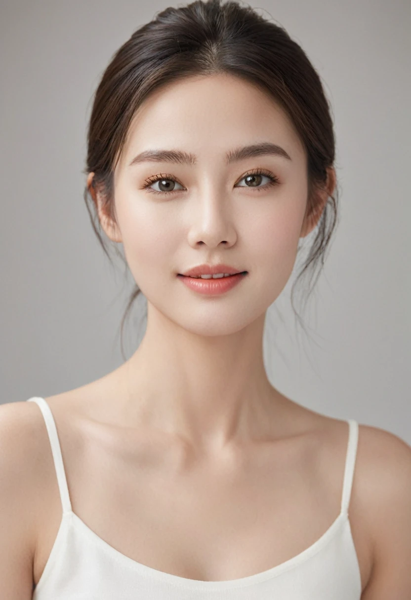 "Create a realistic image of a 22-year-old woman looking straight ahead. She has clear and smooth skin, with an even and healthy tone, no imperfections. Your hair is long, brown and wavy, falling gently on the shoulders. Her eyes are light brown, grandes e expressivos, with long eyelashes and well-defined eyebrows. She has an oval face, with slightly rosy cheeks and full lips with a subtle smile. She is wearing a simple white blouse, with light, natural makeup, highlighting your natural beauty. The background of the image is neutral, preferably light in color, to highlight your facial features. Lighting is soft and even, no harsh shadows, to enhance skin texture and facial details."
