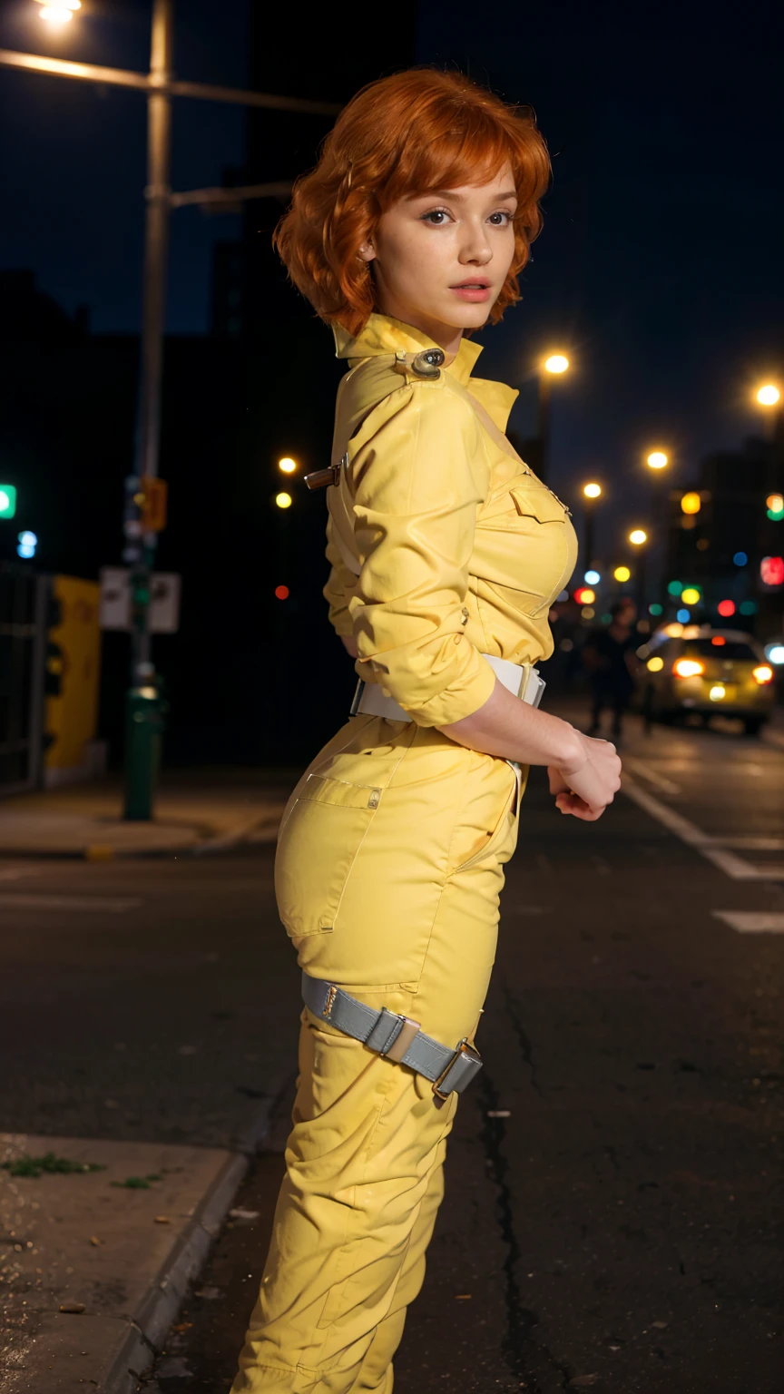 (masterpiece), (best quality), (solo character), (photorealistic:1.4), (chr1sh3n wearing white belt), (April O'Neil_v1 costume, jumpsuit), (yellow jumpsuit), (apriloneil white belt), ), (epiCRealLife), (lora:epiCFlashPhoto), (red hair), (red lipstick), (brown eyes), (young woman), (flashphoto), (night time), (new york city street), (traffic light), (different camera angle shots), (look at viewers), (cowboy shots), (close up body)