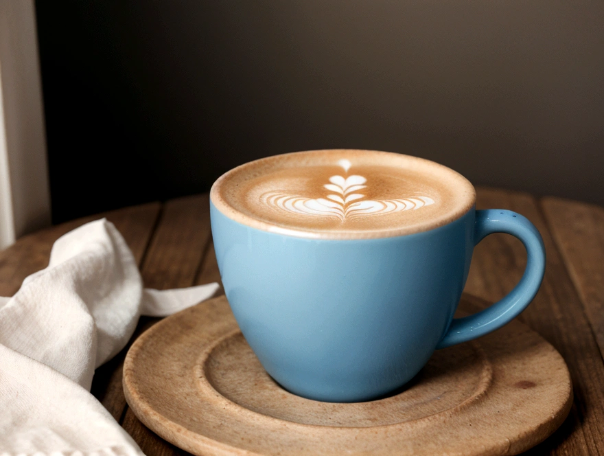 non bule coffee, blue cup, foreground