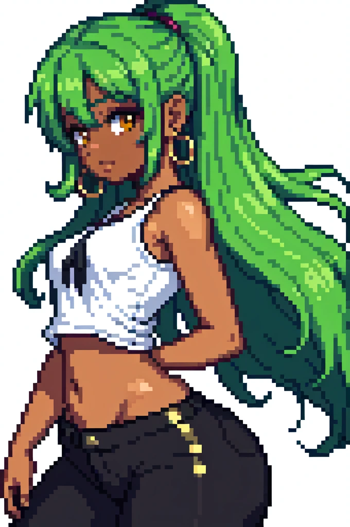 Beautiful anime-style girl, long green hair slightly curly, dark skin, yellow eyes, black pants, wide plain white shirt with no print, hoop earrings, eyebrow piercing, small breasts, wide hips, thick thighs, big ass