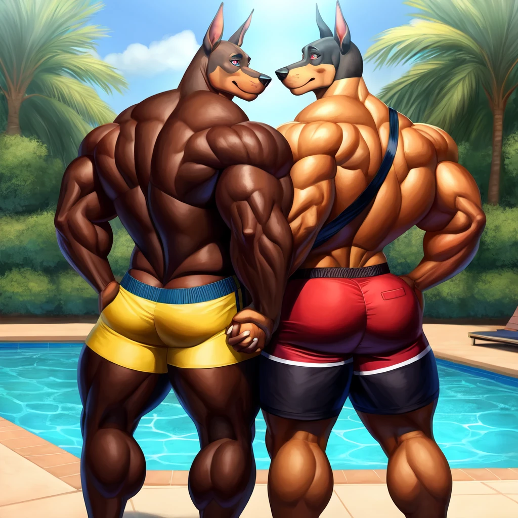 ((Best quality)), ((masterpiece)), (detailed)Doberman , Doberman male, pool, swimming trunks, red shorts, muscles, большие muscles, high growth, costs, front view, looks at the viewer, no back visible, visibly life, gorgeous eyes, Wide body, beautiful eyes, Normal eyes, giant, темнокоричневый skin, Very broad shoulders, big ass, the whole body is visible, wide hips, wide legs, paws visible, big dick silhouette, big dick in shorts, even bigger dick, red bag between legs, giant bag between legs, tights the penis, tight shorts , huge bag, very thick bag, an even thicker bag, huge bag между ног, hand holding penis