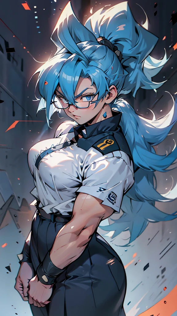 Anime, 1 girl, solo, super saiyan, very large spiked ponytail, cyan colored hair, blue eyes, round glasses, medium strong body, medium bust, military's uniform