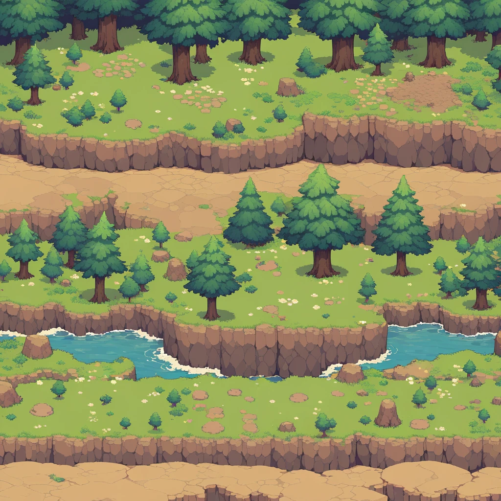 retro video game style,pixelated pastel colors,8-bit characters,blocky shapes,sharp lines,detailed shading,classic gaming vibe,nostalgic atmosphere,classic arcade games,masterpiece:1.2,ultra-detailed,illustration style, 2d texture, stone texture, 4 k seamless mud texture, video game texture, dirt texture, tileset, game tiles, grass, 3/4th perspective trees, cliff formation tileset, cliff texture tileset, 3/4th perspective forest, topdown view, game texture, game art, dirt, , tileable texture, top down view, 3/4th perspective
