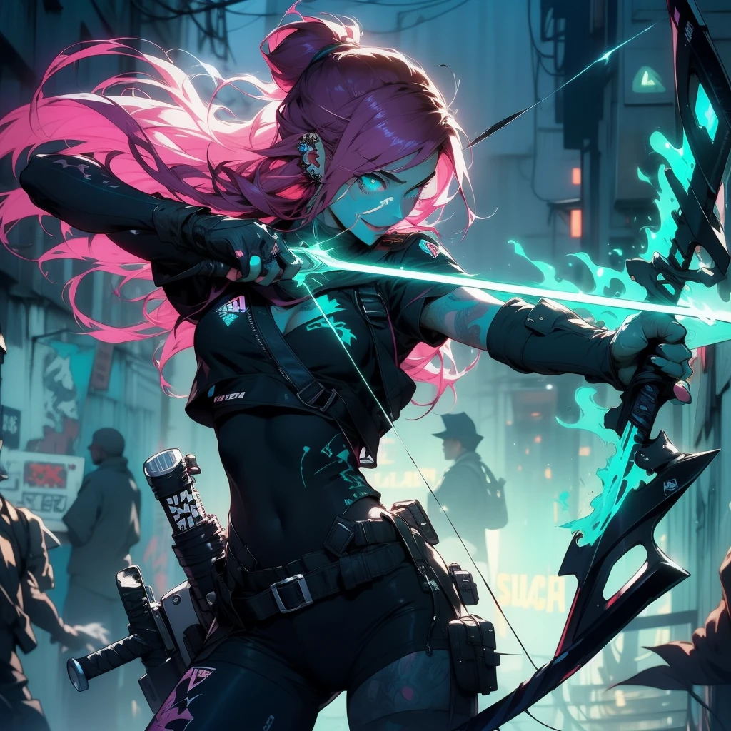 Ultra HD, anime realistic. Badass South Asian teen girl with short, windblown black hair and piercing electric blue eyes. Smirking confidently, she leans against a graffiti-covered wall in a neon-lit cyberpunk alleyway. Clad in a black tactical outfit with exposed arm guards, she grips a glowing katana at her side.