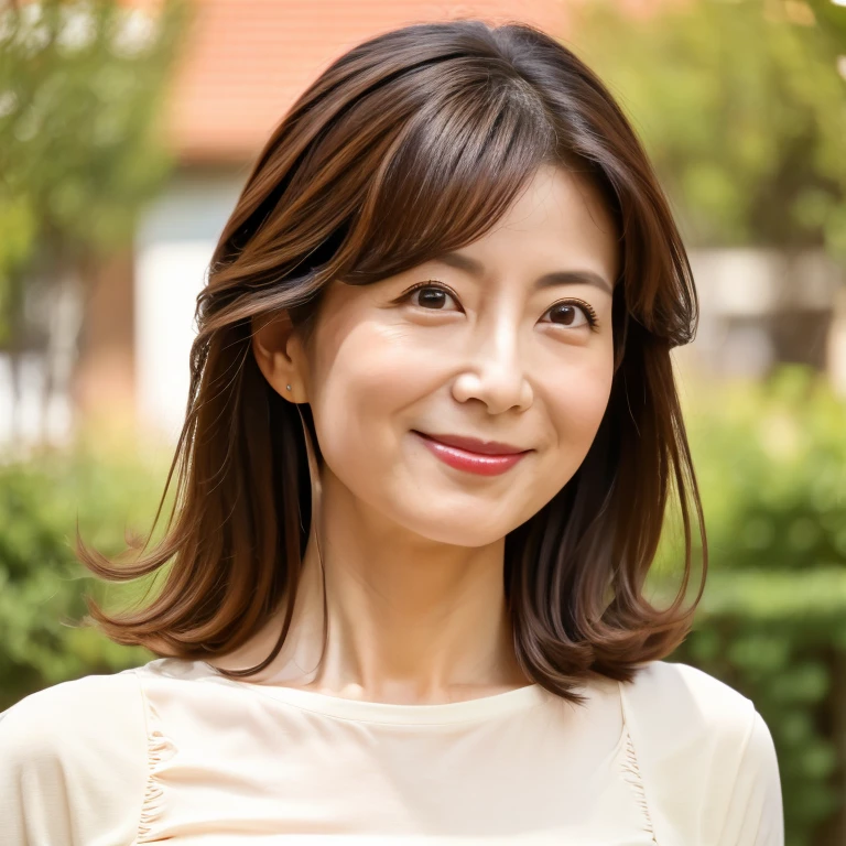 (Photo-realistic style, 超High resolution, 16K, High resolution, masterpiece), Very detailed, Perfect Anatomy,Extreme close up of face, Perfect female face, Solo Japanese Mature, Neighbor's wife、Detailed face, Red lipstick, Captivating look, Wearing a white T-shirt, Straight hair, Age: 50, mature, sexy, smile, Medium Hair、(The face is facing you:1.2)、(Looking at the audience),