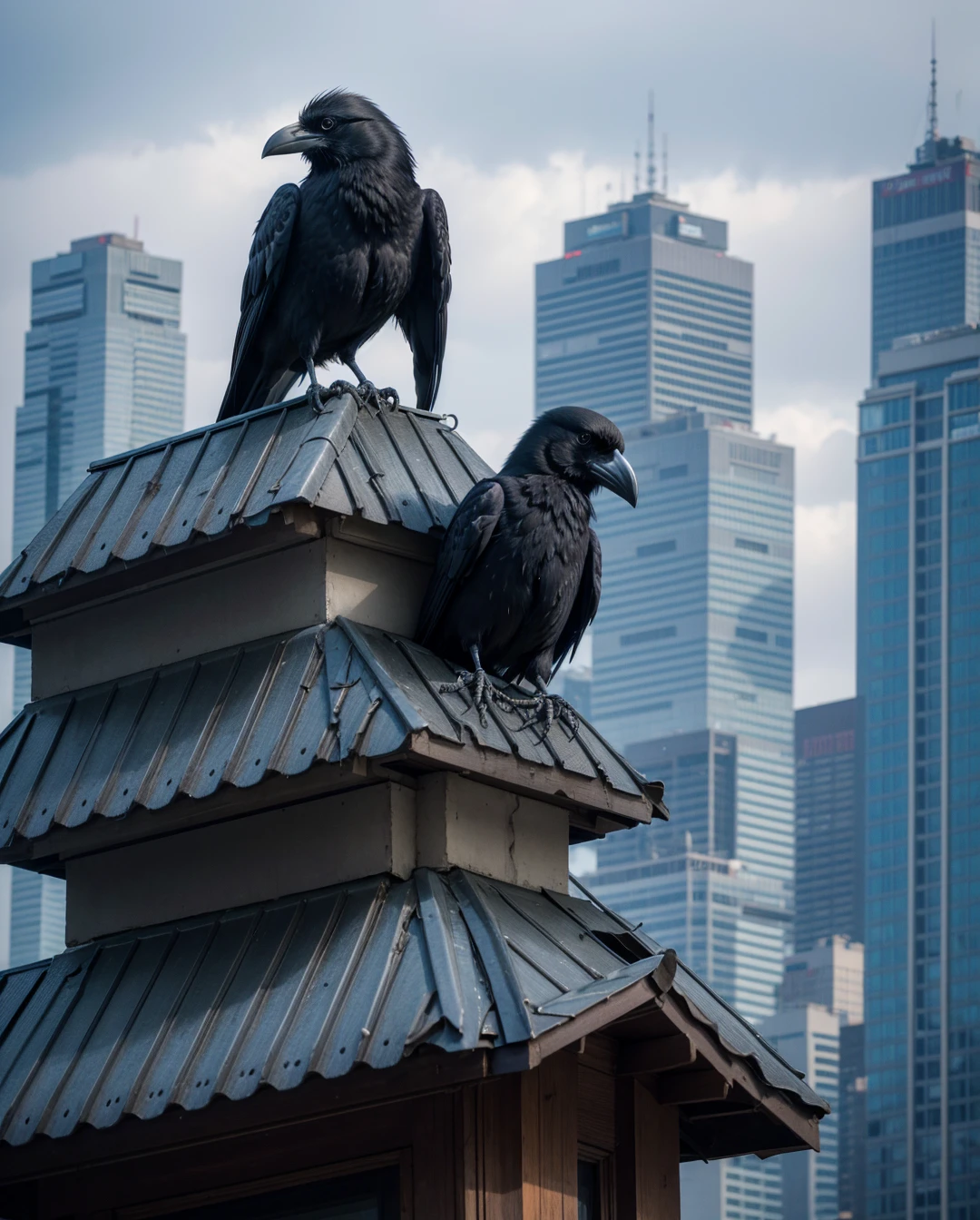 crow on top of city building