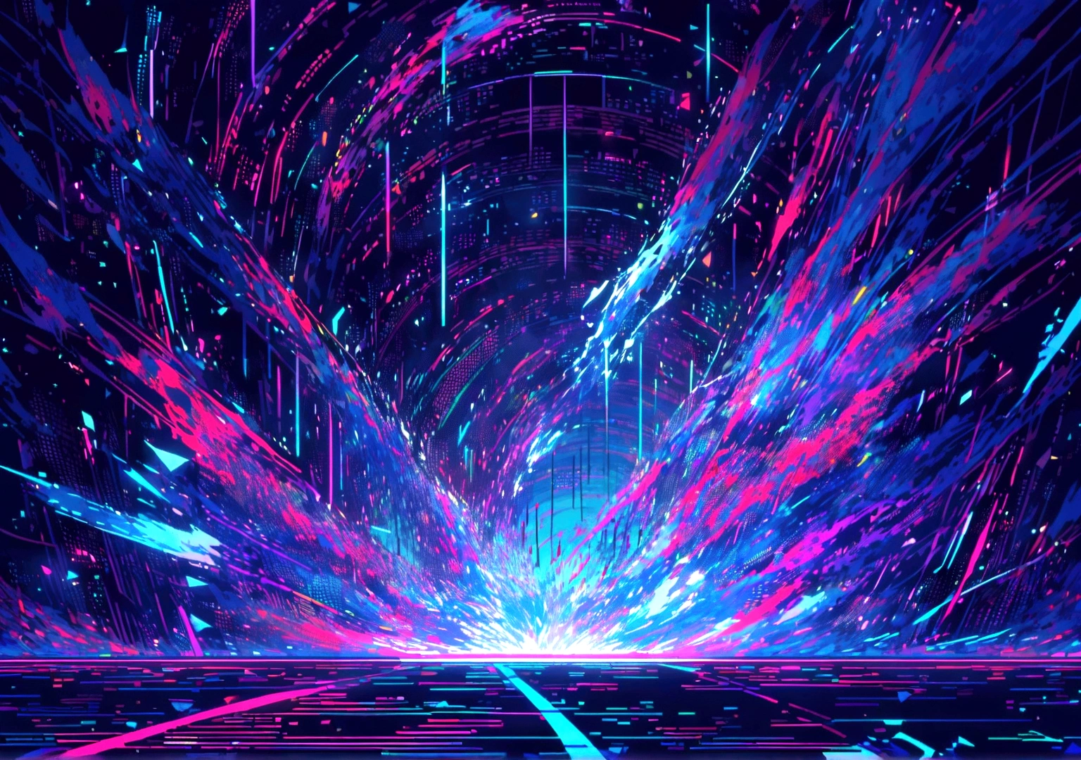 • Elements: A pixel art landscape with abstract geometric shapes that pulse with music. Lines of code and sound waves float across the screen, creating a psychedelic effect.

• Colors: Dark shades of blue and purple with points of red, green and blue neon light.

• Animation: Geometric shapes pulse to the music, lines of code move and sound waves create distortion effects.