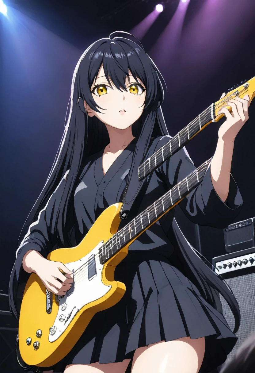 Miko yotsuya playing guitar in concert (yelllow eyes)   black long hair