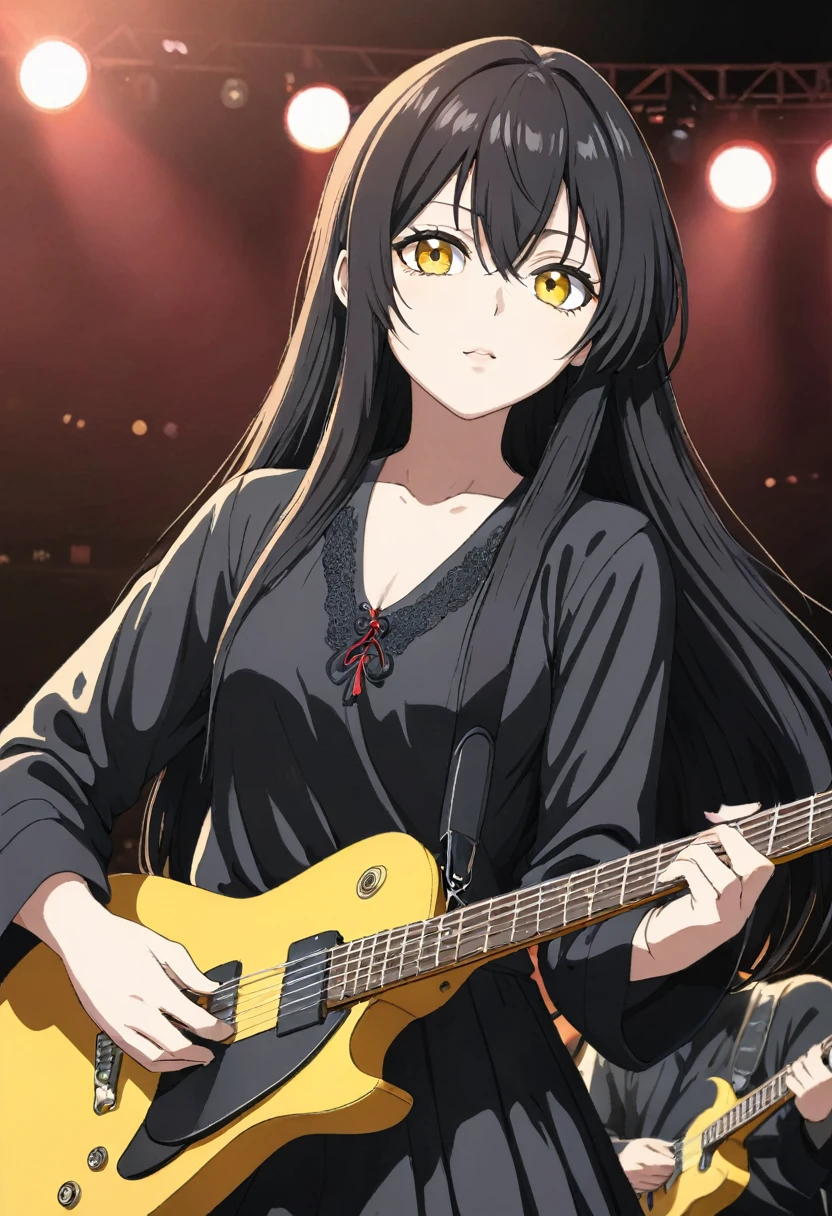 Miko yotsuya playing guitar in concert (yelllow eyes)   black long hair