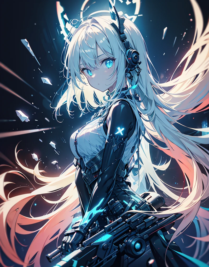 (grainy:0.5), cinematic,Kizi, space, serious, detailedeyes, face detailed, detailed futuristic clothes, lights on clothes, (sight gun:1.1), (Hidden:1.1), (squatt, looking at side:1.1), volumetric lighting, isolation, horor, dark lighting, red bioluminescent details, green bioluminescent details, blue bioluminescent details