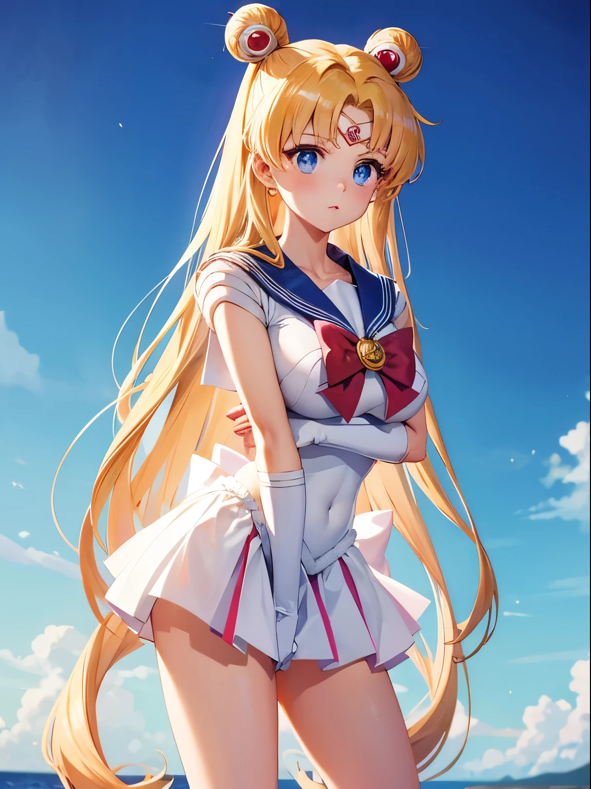 Sailor Moon, 1 girl, blonde hair, long hair, blue eyes, detailed eyes, simple background, female focus, alone, standing, Usagi Tsukino, portrait, full body, (Masterpiece:1.0), (best quality:1.0), (8k wallpaper:1.0), (detailed beautiful face:1.0), (detailed deep eyes), deep eyes, looking at viewer, red bow on chest, pink bra, blue miniskirt, white gloves, big breasts, bare abdomen , pink panties, upskirt panties,