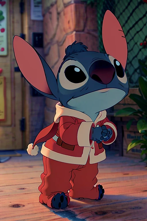 st1tch wearing a santa clouse outfit, winter