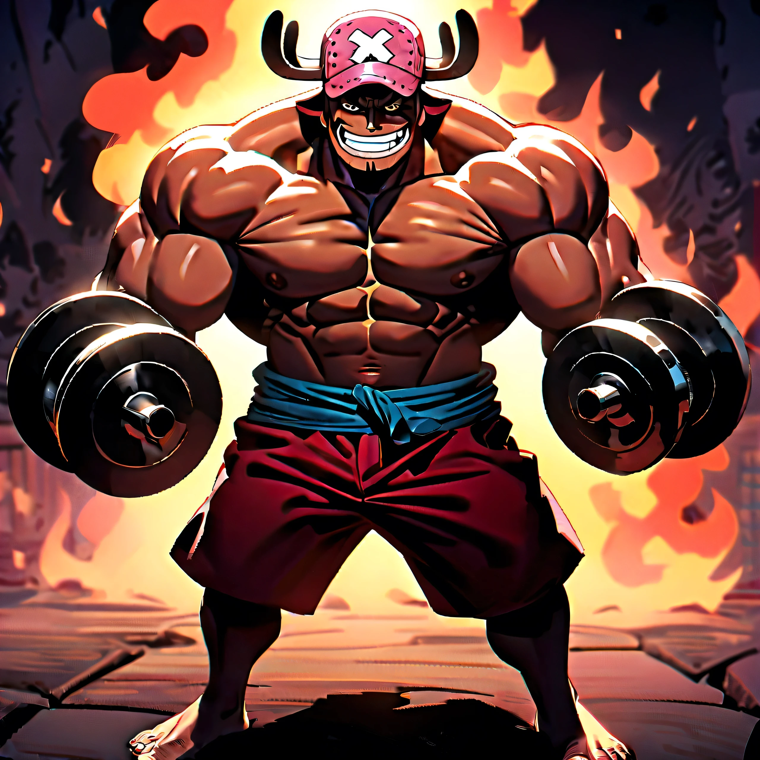 1 male, chopper, one piece, smiling, body on fire, Facial features hands and feet are carefully depicted, very muscular, lifting dumb bells, dark background, 8k, best quality