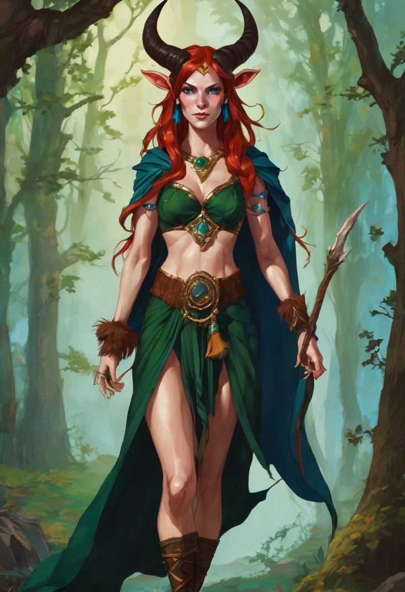Satyr woman with horns, sorceress, an amazon, red unkempt shoulder length hair,  in the clothes of a traveler, Blue eyes, legs with hooves similar to the legs of a demon and with hair, There are birthmarks on the shoulders of a dark green cape, decorations made of bones on the neck and ears   