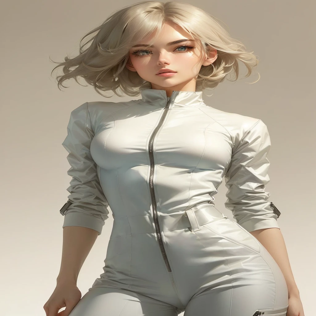 Sci-fi style, young woman aged 20, dark brown hair, fair skin, slender face, light blue eyes, beautifully curled eyelashes, half British and Asian, slim and slender figure with small arms, legs, and hips, large bust size F, weight 50 kilograms, body measurements 36-24-36, best lighting and shading, background in a gray gradient from dark to light, wearing a white coat suit, tight-fitting white suit with smooth texture, full-body image, highly detailed, depiction of sexiness, realistic clothing representation, elegant and aristocratic, Distant camera angle, full view