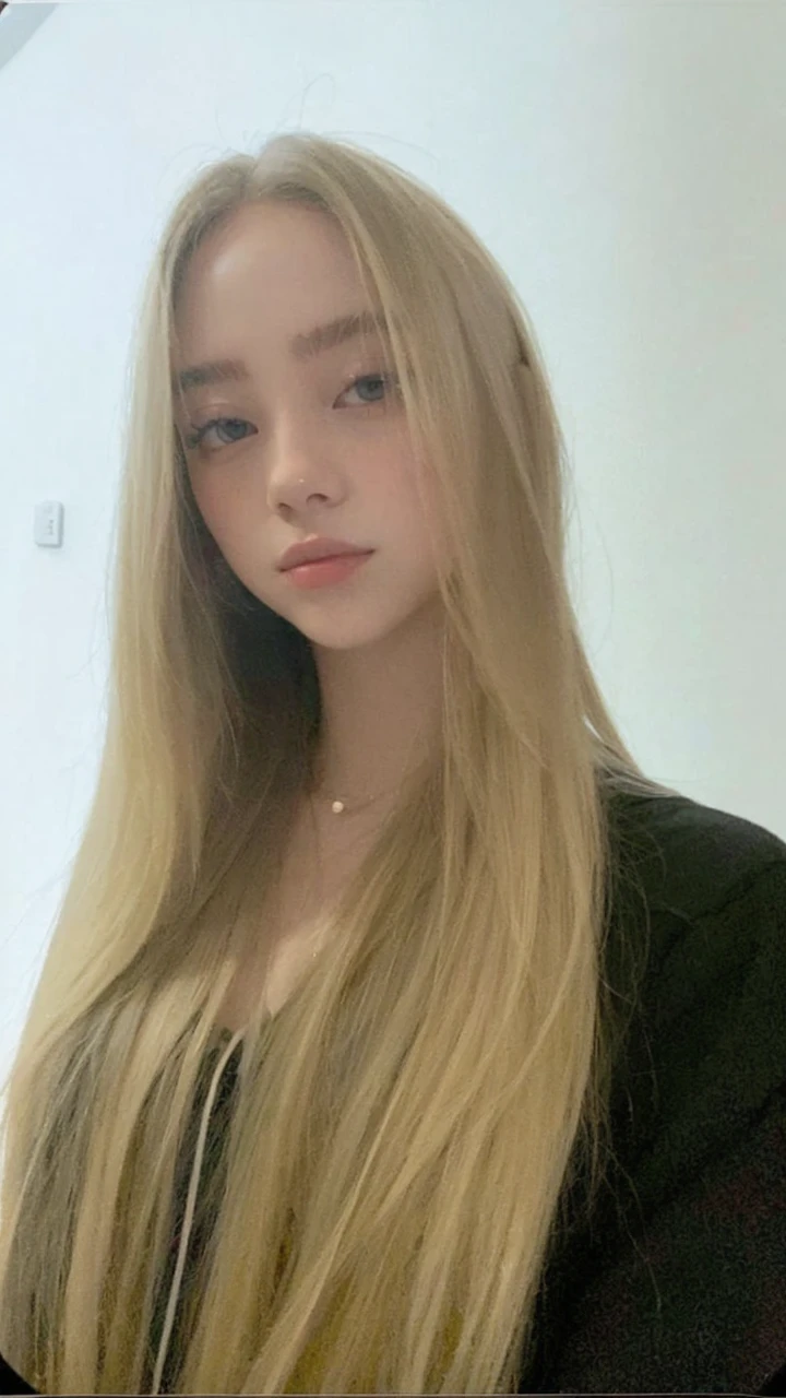 pale blonde teenage girl with bangs soft silky hair blue-green eyes wearing long black sweatshirt and black jeans, taking a photo distractedly at school with her happy friends
