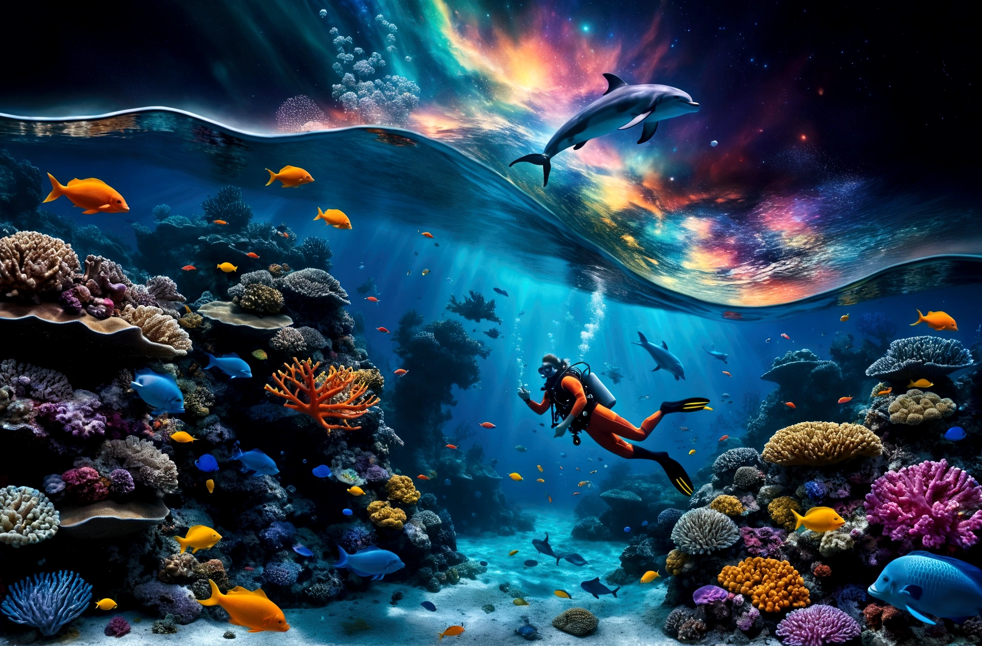 the image showcases a hyper-realistic and fantastical style, blending elements of underwater photography with digital art touches.(( A detailed diver in full gear explores a vibrant coral reef )), surrounded by multicolored fish that emit pulsating lights. (( Small bioluminescent creatures dance around the diver, leaving luminous trails behind them )). only one dolphin, gracefully leaping above the water toward the upper center of the image, leaves a trail of stardust in its wake. ( Ethereal bubbles reflecting the cosmic sky gently float around the underwater scene ), while bioluminescent orbs drift in the water, emitting a soft bluish light and creating mystical reflections. The dense and colorful coral reef occupies much of the center of the image, while the background shows a transition between the ocean and a spectacular starry sky, with luminous galaxies and nebulae. Silhouettes of mythical creatures, such as mermaids or aquatic dragons, can be seen in the background. The depth of field is vast, allowing for clear sharpness of both near and distant elements, giving a sense of immensity and depth to the image. Dominant colors include deep blues of the ocean, vibrant oranges and yellows of the fish, and purples and pinks of the galaxies and corals. These contrasting colors enhance the fantastical and dreamlike quality of the image. The composition follows a diagonal from the bottom left to the top right, guiding the viewer's eye from the diver and corals to the dolphin and the cosmic sky. This diagonal reinforces the dynamism of the scene. Finally, a shimmering mist envelops the scene, giving it an ethereal quality, almost like a dream.