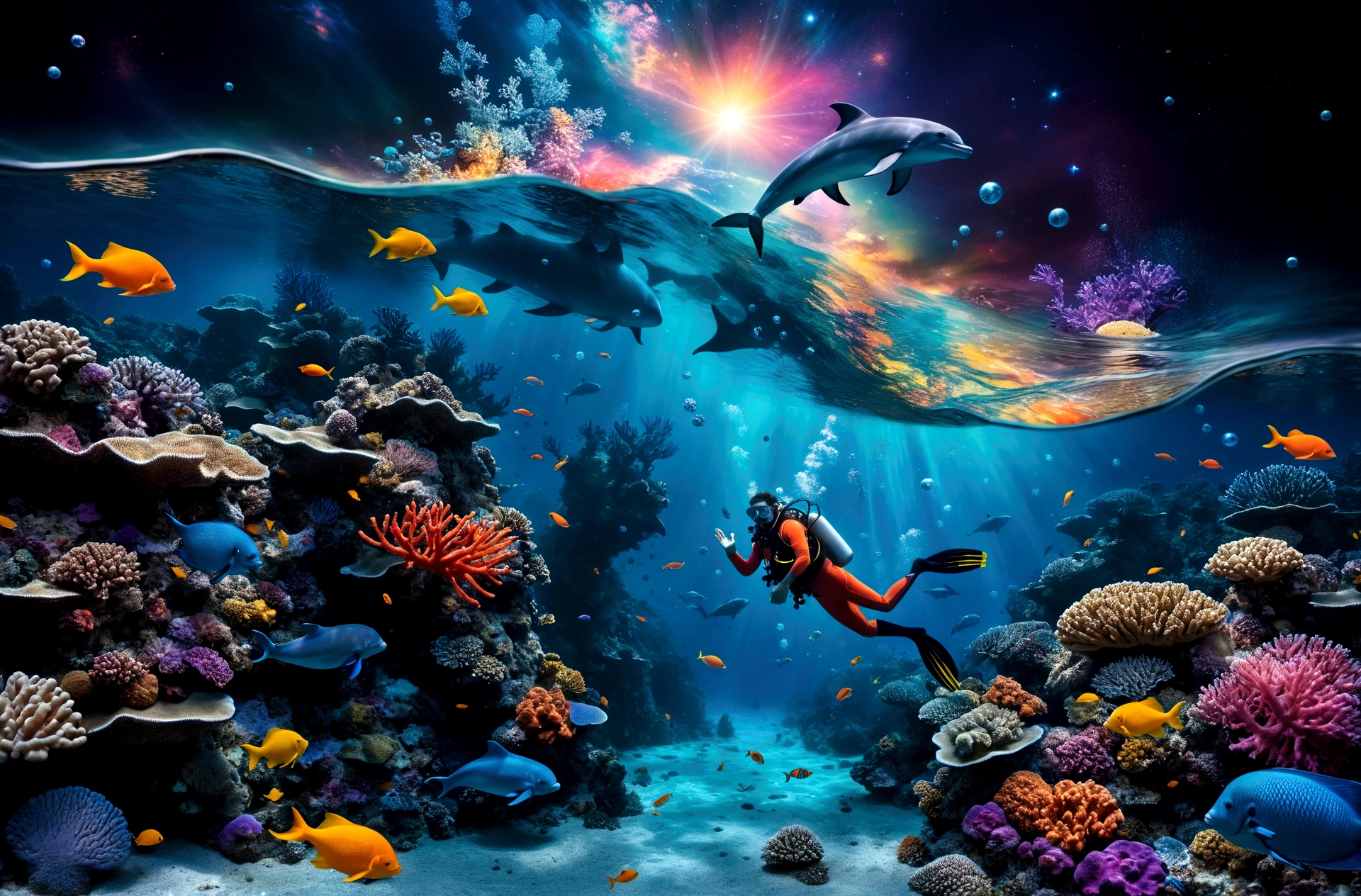 the image showcases a hyper-realistic and fantastical style, blending elements of underwater photography with digital art touches.(( A detailed diver in full gear explores a vibrant coral reef )), surrounded by multicolored fish that emit pulsating lights. (( Small bioluminescent creatures dance around the diver, leaving luminous trails behind them )). only one dolphin, gracefully leaping above the water toward the upper center of the image, leaves a trail of stardust in its wake. ( Ethereal bubbles reflecting the cosmic sky gently float around the underwater scene ), while bioluminescent orbs drift in the water, emitting a soft bluish light and creating mystical reflections. The dense and colorful coral reef occupies much of the center of the image, while the background shows a transition between the ocean and a spectacular starry sky, with luminous galaxies and nebulae. Silhouettes of mythical creatures, such as mermaids or aquatic dragons, can be seen in the background. The depth of field is vast, allowing for clear sharpness of both near and distant elements, giving a sense of immensity and depth to the image. Dominant colors include deep blues of the ocean, vibrant oranges and yellows of the fish, and purples and pinks of the galaxies and corals. These contrasting colors enhance the fantastical and dreamlike quality of the image. The composition follows a diagonal from the bottom left to the top right, guiding the viewer's eye from the diver and corals to the dolphin and the cosmic sky. This diagonal reinforces the dynamism of the scene. Finally, a shimmering mist envelops the scene, giving it an ethereal quality, almost like a dream.