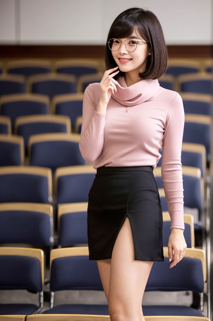 University lecture hall, university psychology associate professor, ((full body)), ((photo)), ((best qualtiy, 8K, tmasterpiece:1.3)), Focus:1.2, perfect figure beautiful woman:1.4, 1woman, cowboy shot, look at viewer, eyes facing the camera, incredibly absurd, beautiful and cute woman with a photorealistic face, showcasing top-quality craftsmanship, A Japanese woman giving a lecture at a university lecture hall, 27 years old, with a bob cut and flipped hair, short bangs swept at an angle, smooth and shiny hair, natural hairline, fair and smooth skin, plump and healthy cheeks, large, jet black eyes, round eyes, long and upward-facing eyelashes, double eyelids, thin and straight eyebrows, small and round nose, plump lips, upturned corners of the mouth, charming smile, cute face, glamorous, well-balanced proportions, tall, beautiful D-cup breasts, silver-rimmed glasses, pink blouse, black tight skirt, fashion with a waist-marked silhouette, scarf, heeled shoes, vanilla perfume, beautiful, pretty older woman, glasses suit her, knowledgeable, playful, curious, intelligent, elegant, November