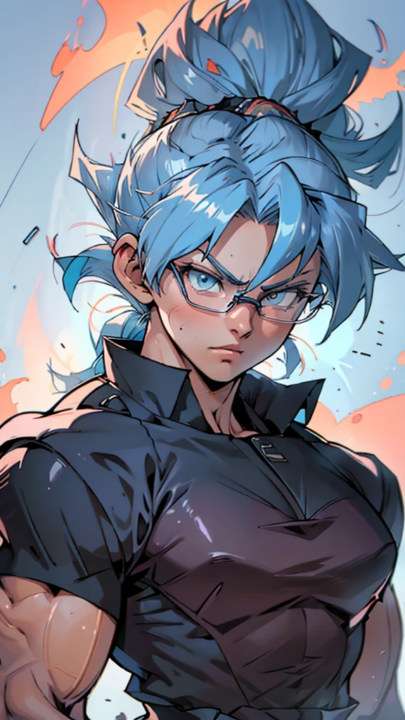 Anime, 1 girl, solo, super saiyan, very large spiked ponytail, cyan colored hair, blue eyes, round glasses, medium strong body, medium bust, military's uniform, palestra skin