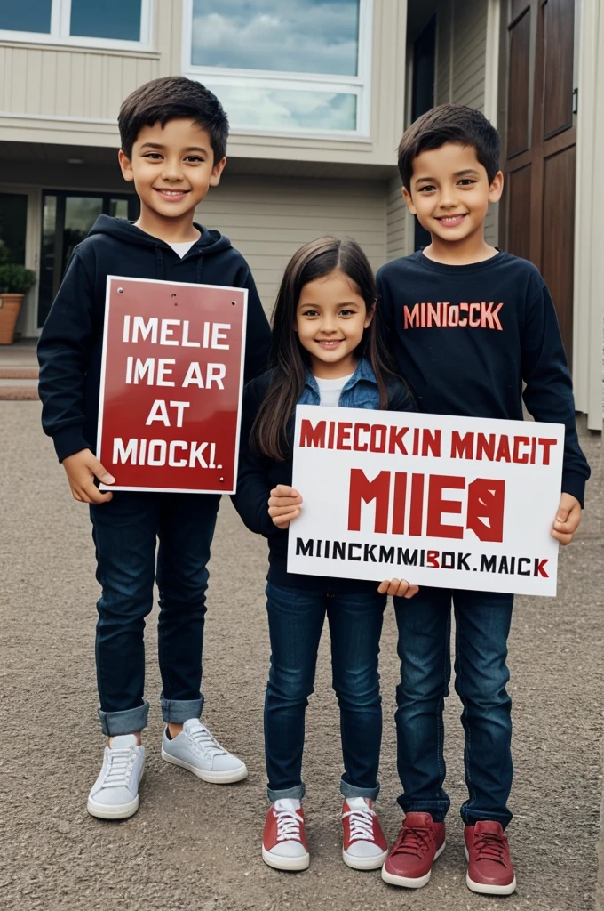 Brother and sister with a sign that says "mineblock"
