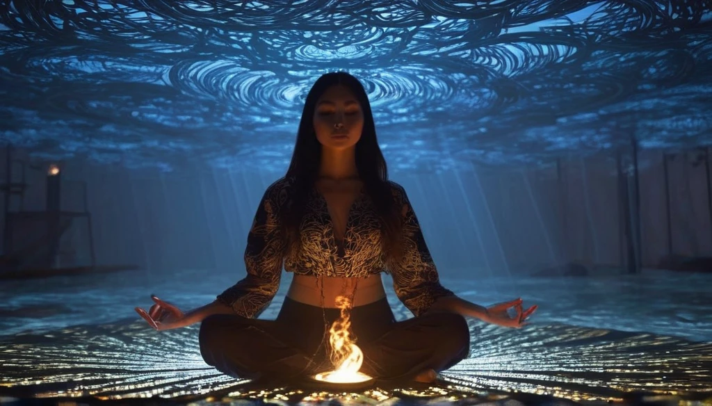 fullbody Photography of lotus pose girl，Raw, cinematic shot, (sharp focus:1.5), (photorealistic:1.4), twilight lighting, volumetric lighting, ultra high res, 16K,dramatic lighting, abstract backgrounds：1.5）（zentangle，datura，Tangles，entangled：0.7）Kitsune witch，kitsune mask，Haori jacket, foxfire spell, fox family, transformation, depth of field, Fantastical Atmosphere, The most beautiful form of chaos, ellegance, Dark theme of Fauvist design, Flower of Death, Flowers of ecstasy，Glowing Line,Glow Example，Tracking example，flash， Backlight，translucent，light particles