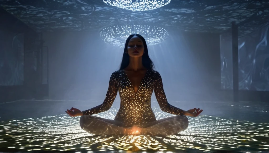 watercolor painting, A young, tan-skinned woman with long, dark hair wearing a gold, futuristic bodysuit with intricate patterns. She is sitting cross-legged in a meditative pose against a dark, starry background with geometric shapes and patterns, creative, detailed brush stroke, minimal spalsh