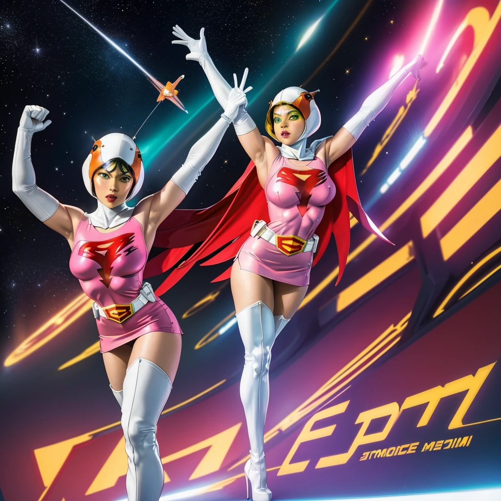 ANI_CLASSIC_jun_gatchaman_ownwaifu,1girl, 15 years old,good anatomy, masterpiece, best quality,realistic, hyperrealistic, 16k hdr,breasts,green eyes,lips,large breasts,lipstick,makeup,gloves,cape,helmet,belt,elbow gloves,white gloves,mask,ultra miniskirt,leotard,spacesuit,white tight overknee highheels boots,pink dress,superhero,bodysuit,cleavage,erected nipples,((standing pose,spread legs, arms up straight)),cameltoe